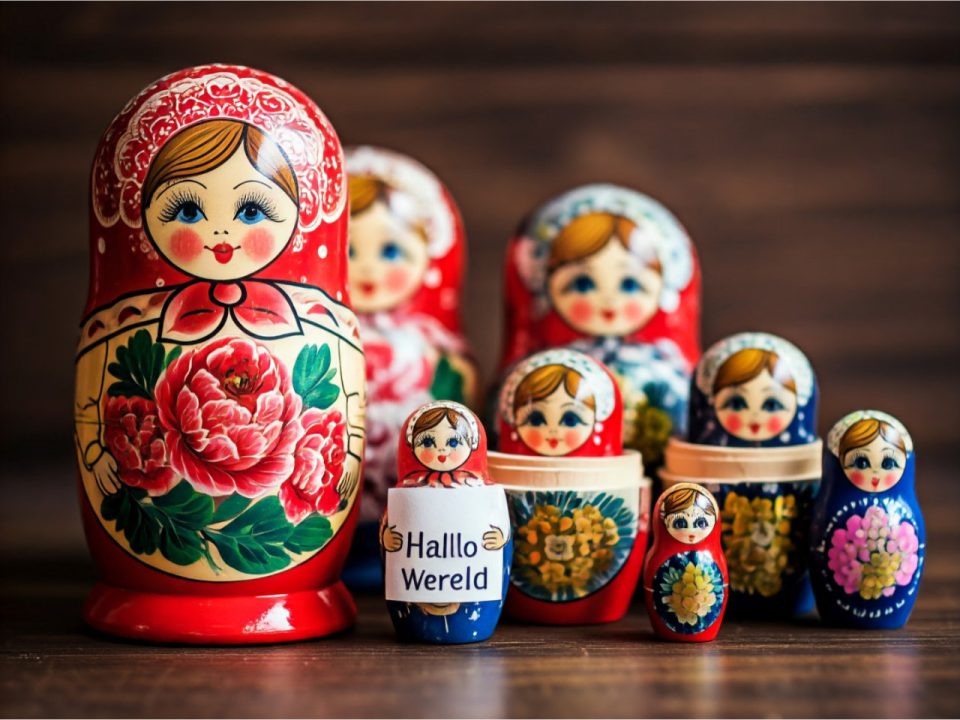 Matryoshka poppetjes als voorbeeld van nested div elementen, een klein poppetje houdt de tekst Hallo Wereld vast.