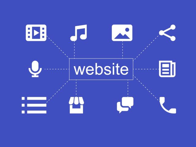Het woord "website" met iconen eromheen voor verschillende contenttypes zoals video, muziek, tekst en communicatie, elk passend bij semantische HTML-elementen.