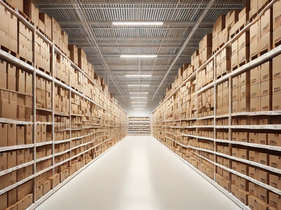 Een minimalistisch supermarktinterieur waarin alle producten zijn opgeslagen in identieke, effen bruine dozen zonder labels of merklogos