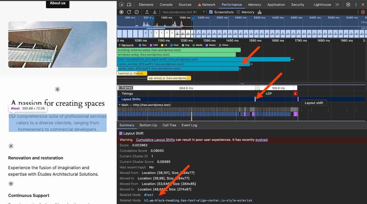 DevTools-screenshot die laat zien hoe je layout shifts kunt vinden die worden veroorzaakt door webfonts.