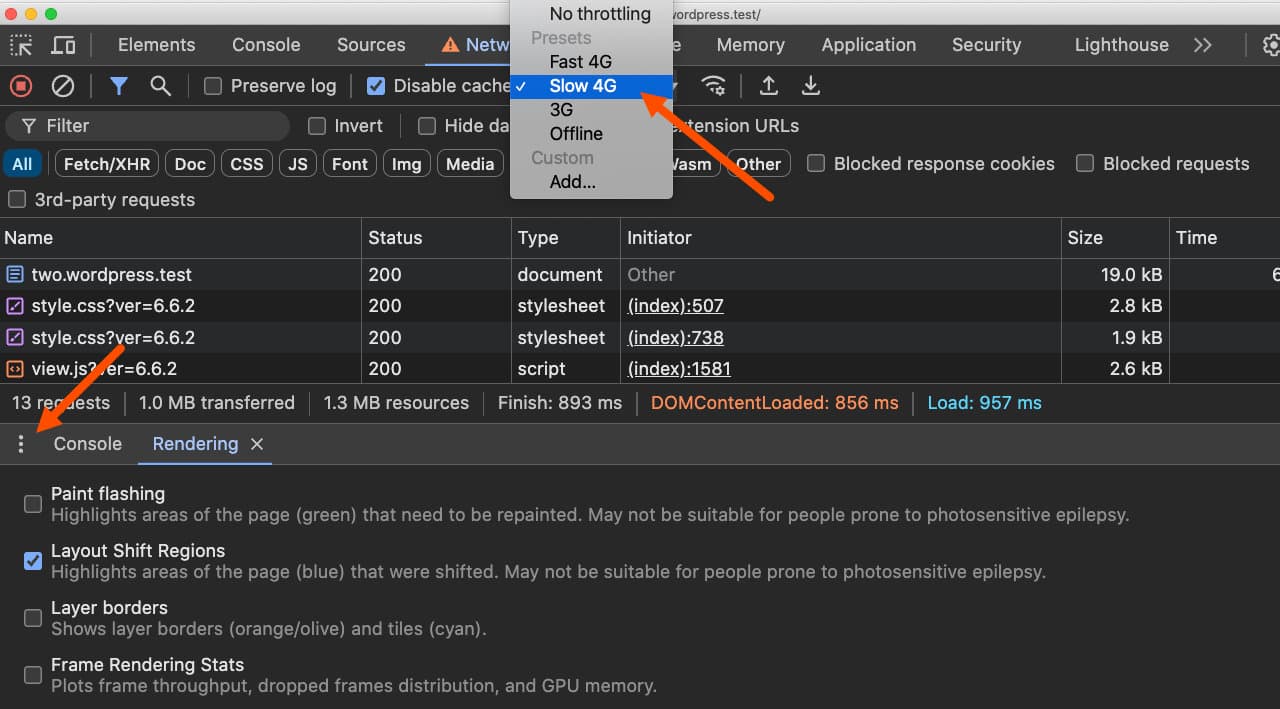 DevTools-screenshot met netwerksnelheid en Layout Shift-weergave ingeschakeld.