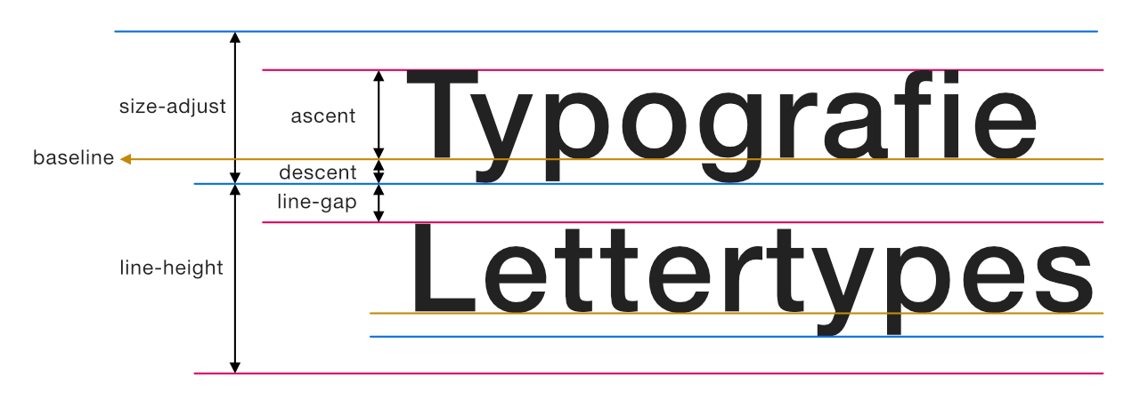 Met de tekst Typografie Lettertypes wordt aangegeven waar de ascent, descent en line-gap zich bevinden.